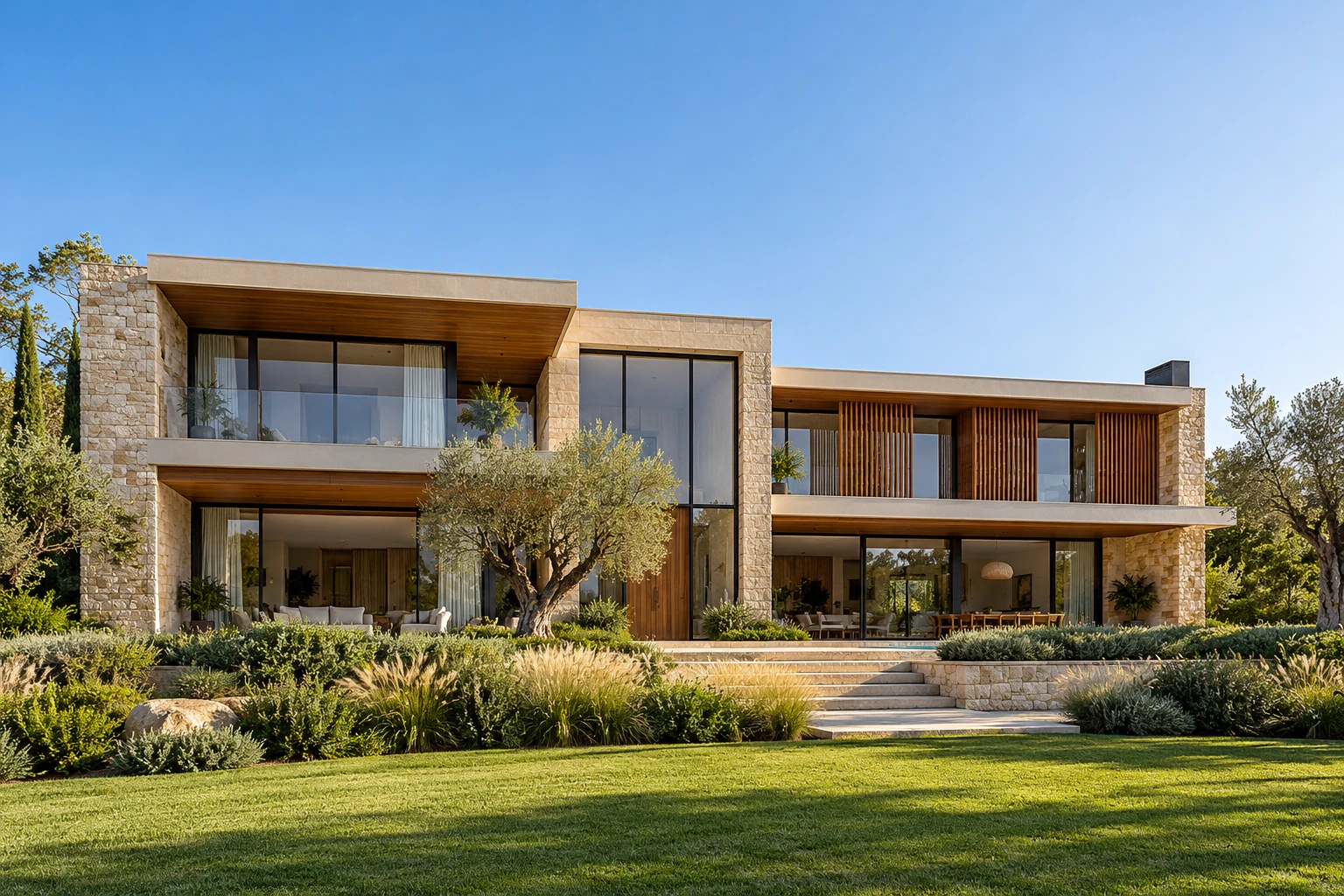 A contemporary stone and timber house surrounded by a garden