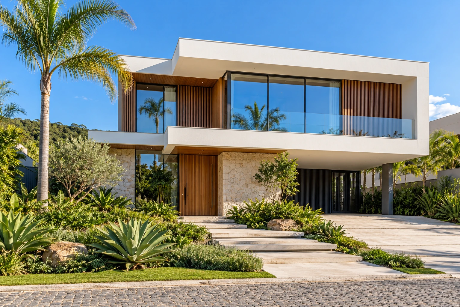 A white house with large windows and landscaped grounds