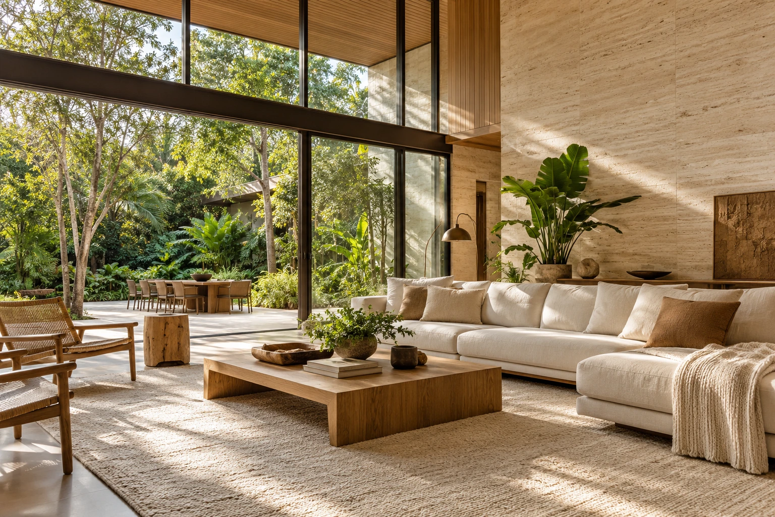 A bright living room with a linen sofa and garden views